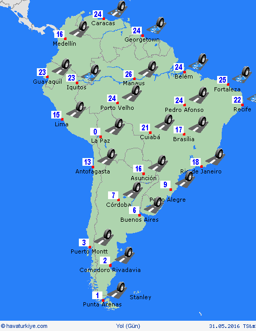 yol koşulları  Güney Amerika Tahmin Haritaları