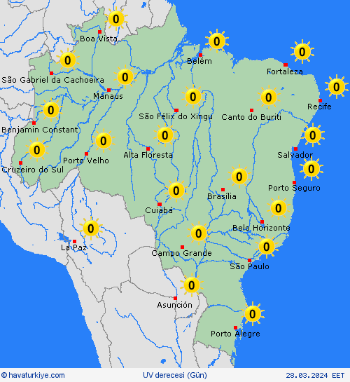 uv derecesi Brezilya Güney Amerika Tahmin Haritaları
