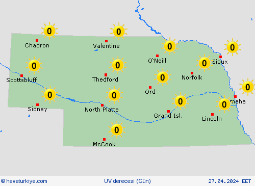 uv derecesi Nebraska Kuzey Amerika Tahmin Haritaları