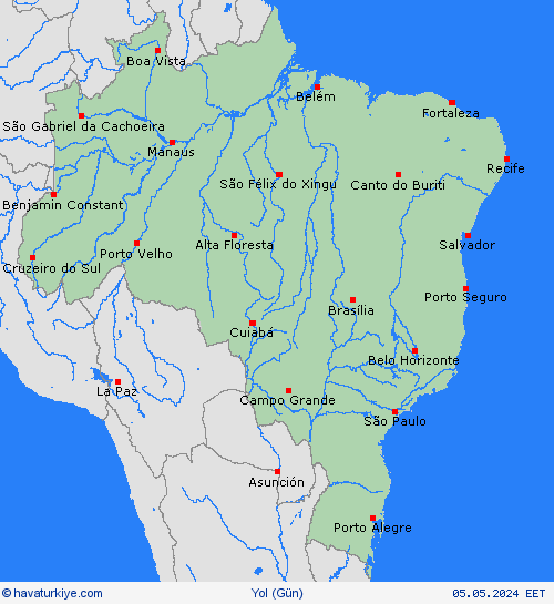 yol koşulları Brezilya Güney Amerika Tahmin Haritaları