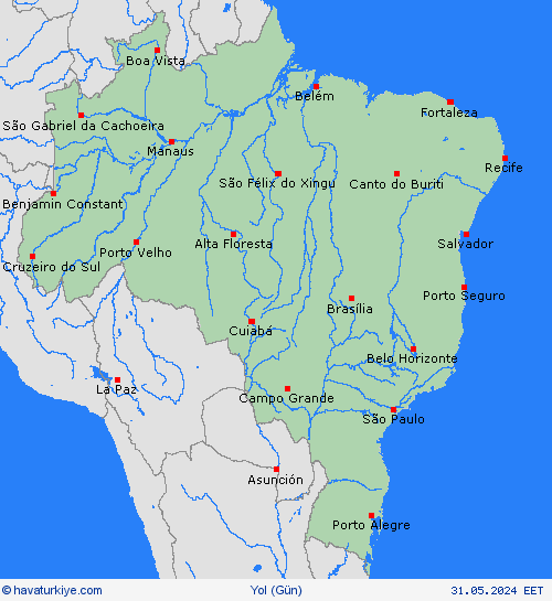 yol koşulları Brezilya Güney Amerika Tahmin Haritaları