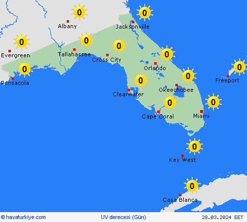 uv derecesi Florida Kuzey Amerika Tahmin Haritaları