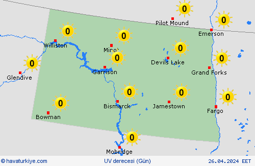 uv derecesi Kuzey Dakota Kuzey Amerika Tahmin Haritaları