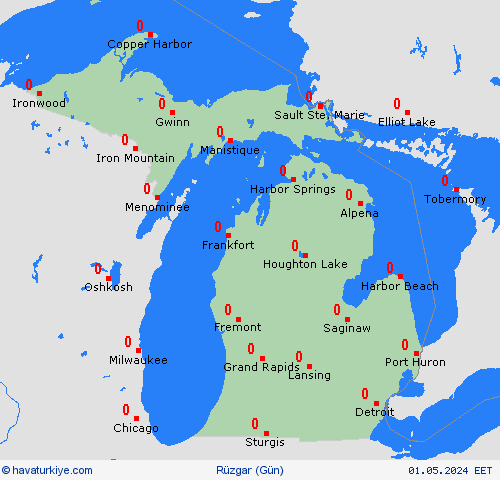 rüzgar Michigan Kuzey Amerika Tahmin Haritaları