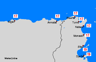 Cezayir,Tunus Deniz Suyu Sıcaklık Haritası